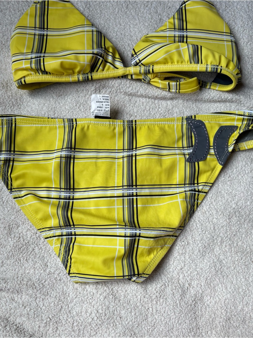 Y2K Hurley Plaid Reversible Bikini Set Yellow Charcoal Grey Logo Size Large - Picture 4 of 5